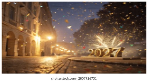Urban landscape at night featuring bright fireworks explosions sparkling confetti and illuminated buildings in historic city square celebrating new year date.