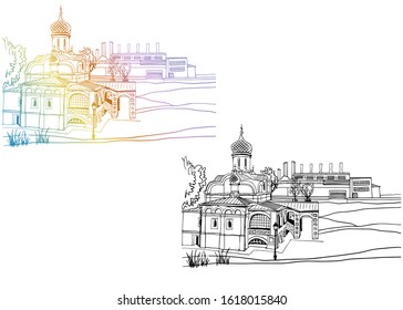 Urban landscape with the old church. Nice view of the old Moscow. Hand drawn line art. Colourful and black and white vector illustration on white background
