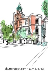 Urban landscape of the old European city. Old street in hand drawn line sketch style on watercolor background