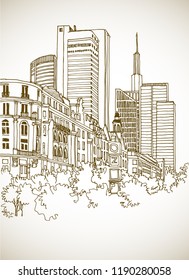 Urban landscape of the old European city. Germany. Frankfurt am Main. Old street and modern buildings in hand drawn line sepia sketch style on white background