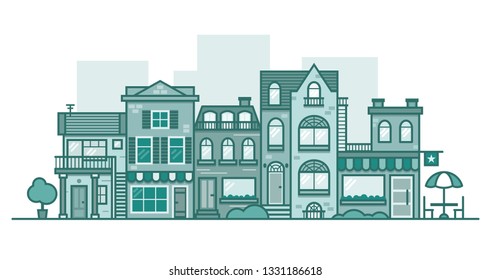 Urban landscape of old little town. Small town buildings design. Modern day cityscape with facades of houses, bakery and motel. Green duotone houses collection in flat style. Vector Illustration.