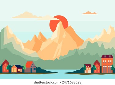 Urban landscape on a background mountains and hills. Houses in the mountains among the trees, rest in a mountain village the lake and the river. Concept city and suburban life. Flat vector