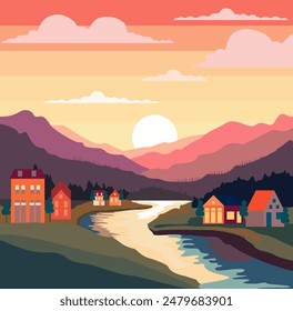 Urban landscape on a background mountains and hills. Houses in the mountains among the trees, rest in a mountain village the lake and the river. Concept city and suburban life. Flat vector