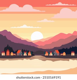 Urban landscape on a background mountains and hills. Houses in the mountains among the trees, rest in a mountain village the lake and the river. Concept city and suburban life. Flat vector