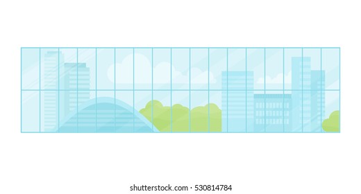 Urban landscape outside the window. Blue sky with clouds, green trees and modern apartment buildings. Urban landscape background. Home or office interior element. Vector illustration in flat.