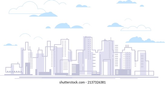 Urban landscape panorama of city in side view in linear flat design concept illustration on white background, urban metropolitan areas, cityscape panorama with clouds, real estate architecture