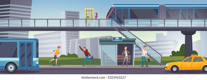 Urban landscape. People going to bus station daily routine city activities exact vector cartoon background