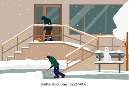 Urban landscape, people shoveling snow on the street.  Heavy snowfall and snow drifts in the city.Vector illustration.