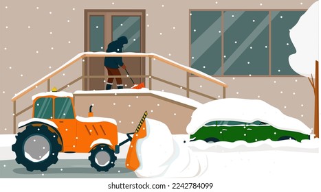 Urban landscape, people shoveling snow on the street.  Heavy snowfall and snow drifts in the city. Vector illustration.