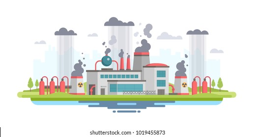 Urban landscape with plant - modern flat design style vector illustration on white background. A composition with a big factory making hazardous substances emissions with pipes, polluted air and water