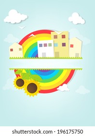 Städtische Landschaft mit Regenbogen. Design-Clip-Bild teilen