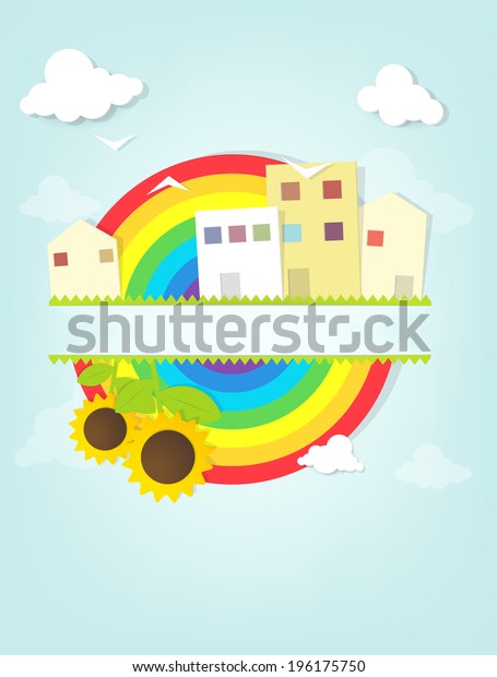 Urban\
landscape with rainbow. Split design clipart\
image