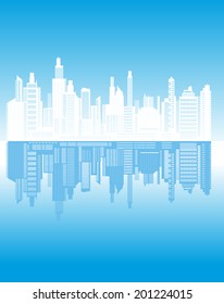 Urban landscape with  reflected in the blue water