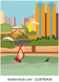 An urban landscape with a river and houses in the background. In the foreground is a kite and windsurfers. Vector graphics