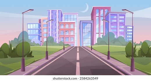 Urban landscape with road leading to city. Vector cityscape with skyscrapers and buildings exteriors. Sunrise or morning time in town. Street or asphalted path with pavements and lanterns