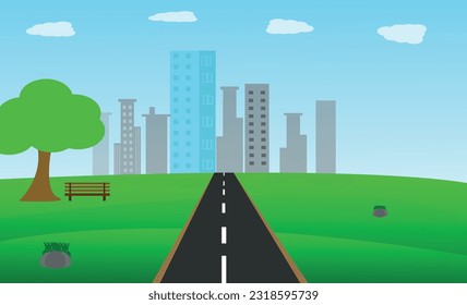 Urban landscape with road and low poly trees on green grass illustration landscape background.  