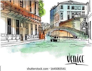 Urban landscape of romantic Venice, seaborn town view. Hand drawn sketch with lettering. Vector illustration on background watercolor