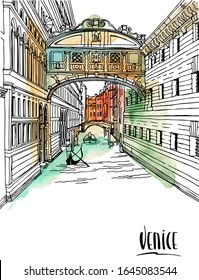 Urban landscape of romantic Venice, seaborn town view. Hand drawn sketch with lettering. Vector illustration on background watercolor