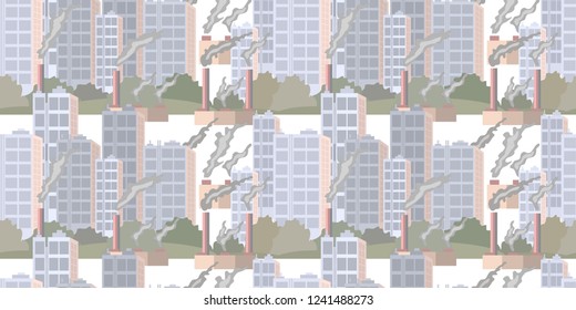 Urban landscape seamless pattern. Air pollution by plants and factories. Vector hand drawn illustration.  Eco unfriendly hostile atmosphere pollution chimney smoke concept. The concept of ecology. 