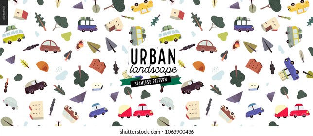 Urban landscape seamless pattern - city and park landscape elements - houses, trees, cars. Travel to tourist camp.