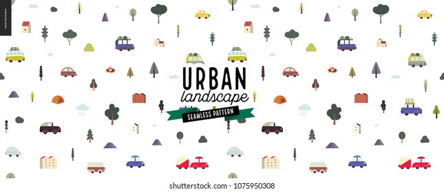 Urban landscape seamless pattern - city and park landscape elements - houses, trees, cars. Travel to tourist camp.