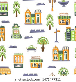Urban Landscape Seamless Pattern, Cute Hand Drawn Public Buildings, Houses and Trees, Design Element Can Be Used for Wallpaper, Packaging, Background Vector Illustration