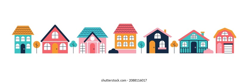Urban landscape, set of colorful houses, facades. Vector flat illustration.