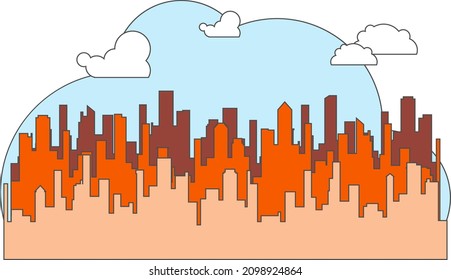 Urban landscape, silhouette of the city in orange tones against a background of blue sky and clouds. Megapolis. Vector illustration. Vector.
