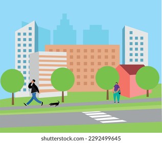 Urban landscape. Silhouettes of people. Architecture
