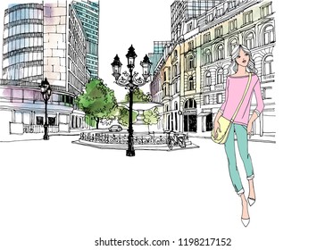 Urban landscape sketch of the old European city with a travel girl. Germany Frankfurt am Main. Nice old street in hand drawn style on watercolor background