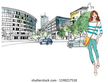 Urban landscape sketch of the old European city with a travel girl. Germany. Frankfurt am Main. Old street in hand drawn style on watercolor background
