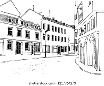 Urban landscape sketch. Old European city. Germany. Frankfurt am Main. Nice street in hand drawn style on white background