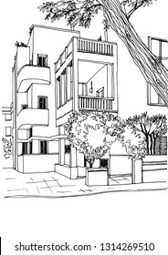 Urban landscape sketch. Old street of Tel Aviv, black and white vector illustration in hand drawn style. Line art. Ink drawing on white.