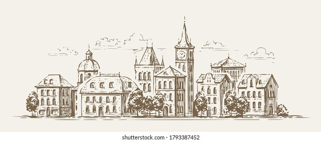 Urban landscape sketch. Town, city, cityscape vector illustration