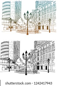 Urban landscape sketches of the old European city. Germany, Frankfurt am Main. Nice old street in hand drawn style on white background