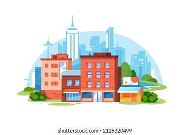 Urban landscape with skyscraper and multi-storey buildings vector illustration. City downtown. Modern cityscape flat style concept