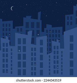 Urban landscape with skyscrapers Night city with moon. Cityscape with moon and skyscraper building silhouettes. Dark City.