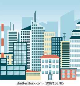 Urban landscape with skyscrapers and a pipe. Vector illustration.