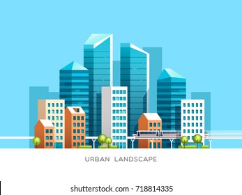 Urban landscape with skyscrapers and subway. Vector illustration.