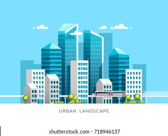 Urban landscape with skyscrapers and subway. Vector illustration.