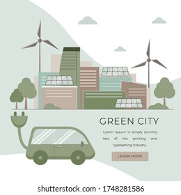Urban landscape with a solar panels, electric car and wind turbines, vector illustration.