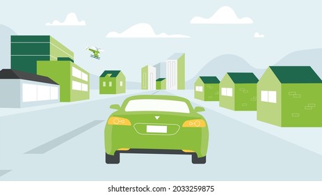  urban landscape street with car, skyline city buildings and road going to the city.