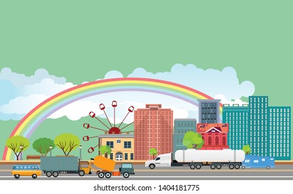 Urban landscape street with city buildings, towers . Family houses in town and clouds in the sky with green trees in background. Carson the road svg