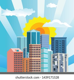 Urban landscape street with city buildings, ans  towers .  Town and clouds in the sky. vector