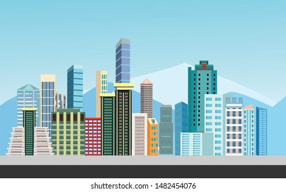 Urban landscape street with city buildings, towers in background . Family houses in town . vector
