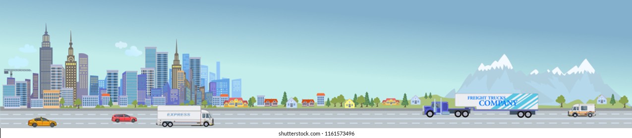 Urban landscape street with city office buildings and car. Family houses in town and mountain with green trees in background. Traffic on the road.