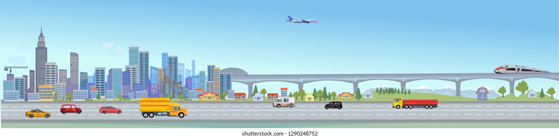 Urban landscape street with city office buildings and car. Family houses in town and mountain with green trees in background. Traffic on the road.