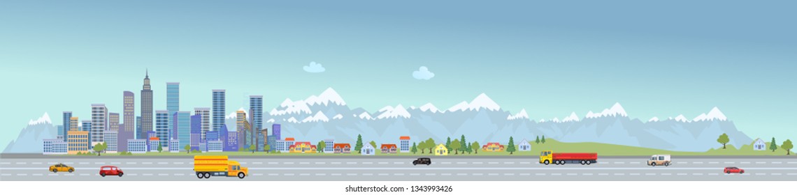 Urban landscape street with city office buildings and car. Family houses in town and mountain with green trees in background. Traffic on the road.