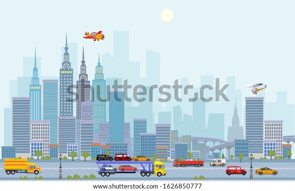 Urban landscape street with city office buildings\
and car. Family houses in town and mountain with green trees in\
background. Traffic on the\
road.