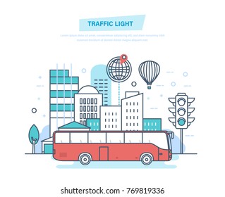 Urban landscape, street city, city transport bus, traditional street traffic light. Urban surroundings, trip, travel, modern vehicle. Illustration thin line design of vector doodles.